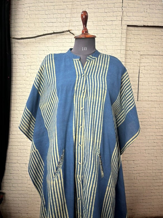 Indigo Green Stripes Ajrakh High Low Midi Shirt Kaftan