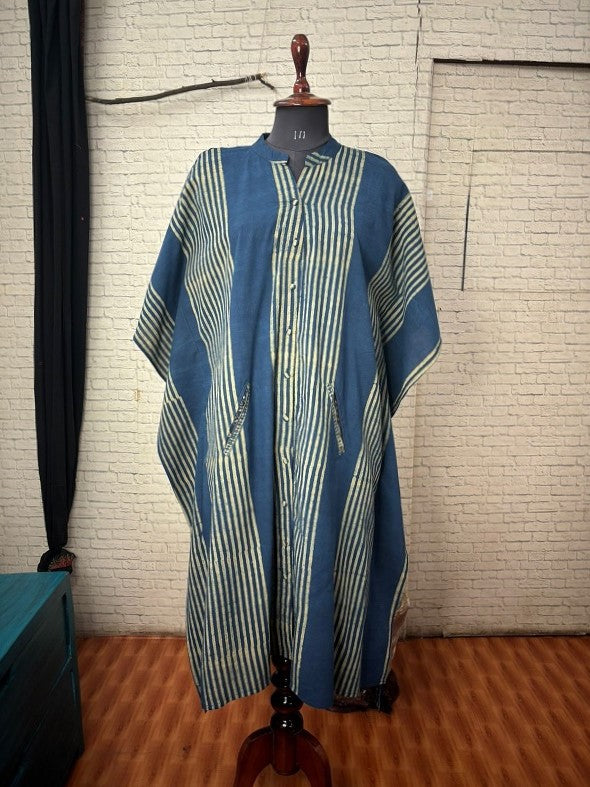 Indigo Green Stripes Ajrakh High Low Midi Shirt Kaftan