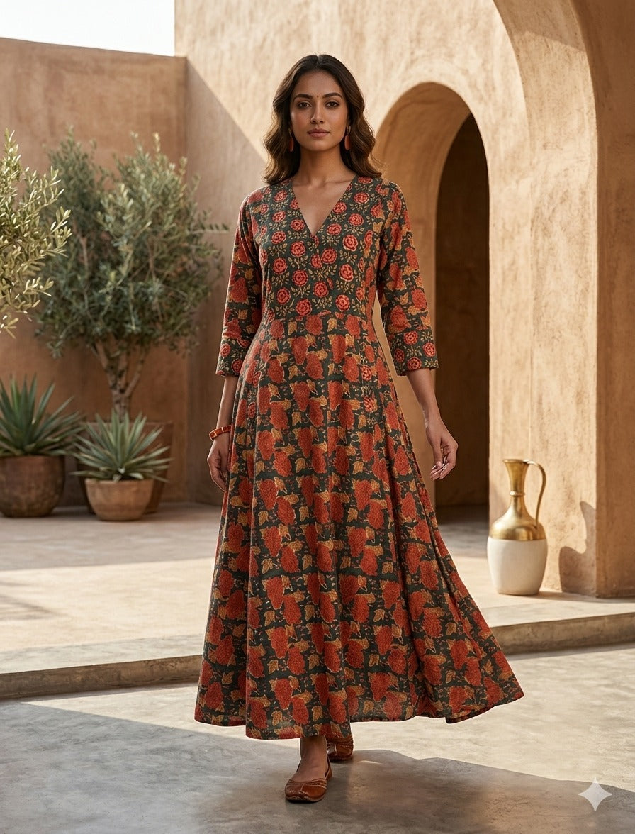 Kusum Hand Block Printed A Line Maxi Patch Dress