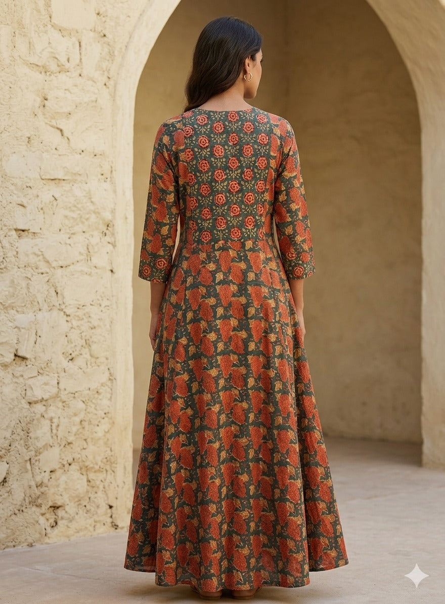 Kusum Hand Block Printed A Line Maxi Patch Dress