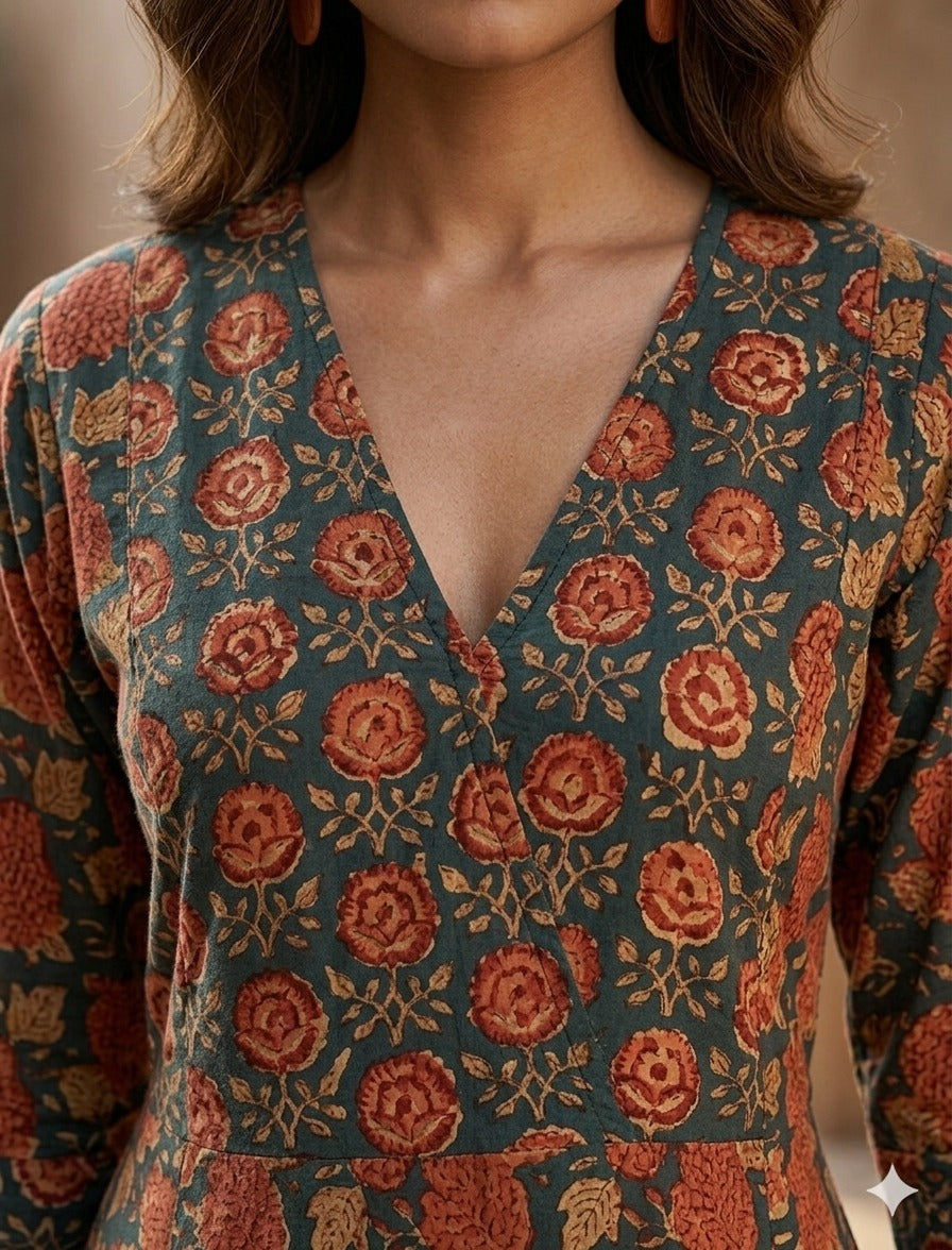 Kusum Hand Block Printed A Line Maxi Patch Dress