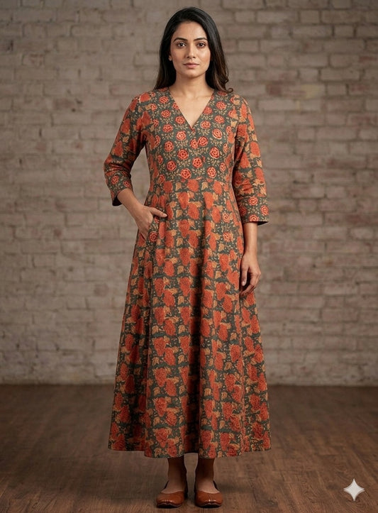 Kusum Hand Block Printed A Line Maxi Patch Dress