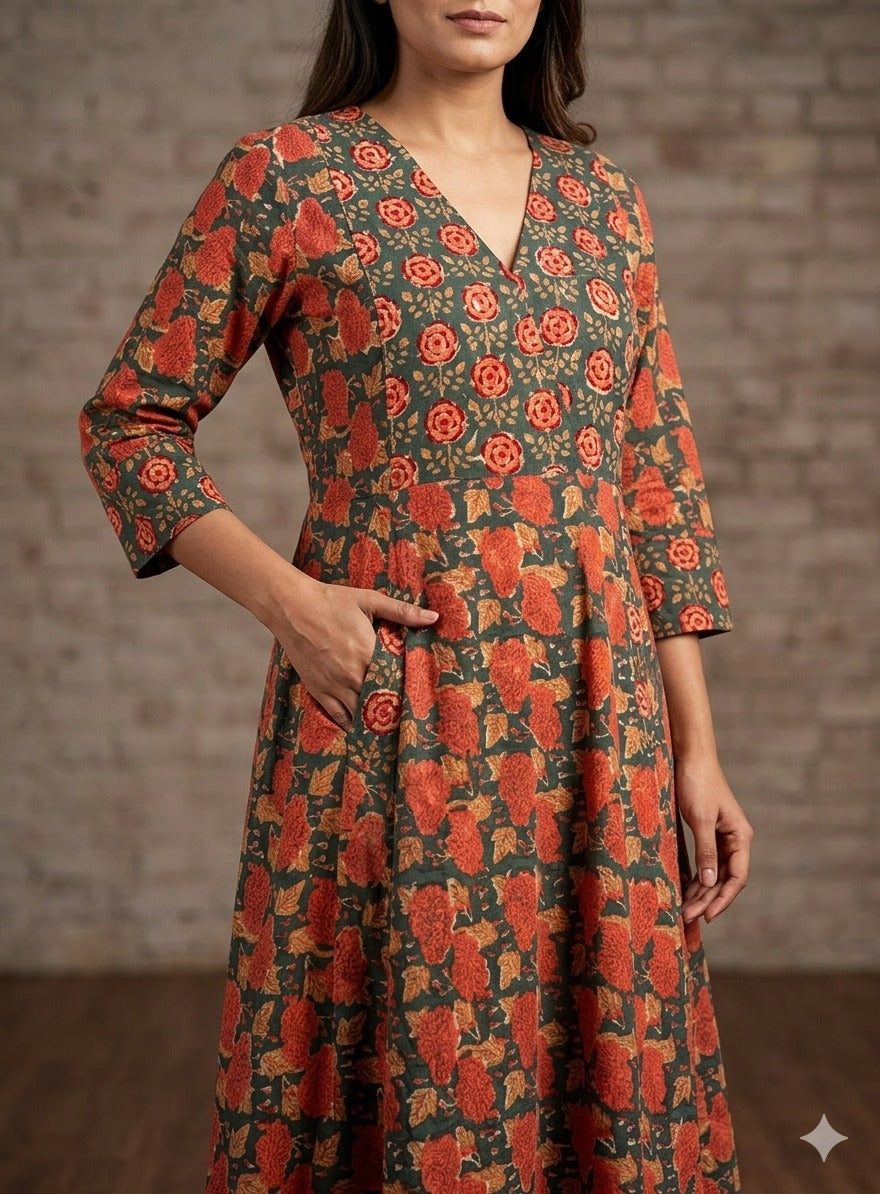 Kusum Hand Block Printed A Line Maxi Patch Dress