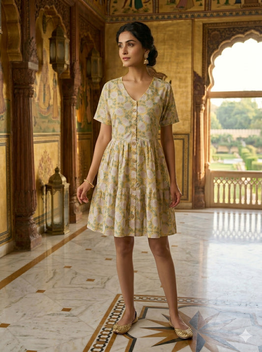 Pihu Hand Block Printed Knee Length Tiered Button Down Dress