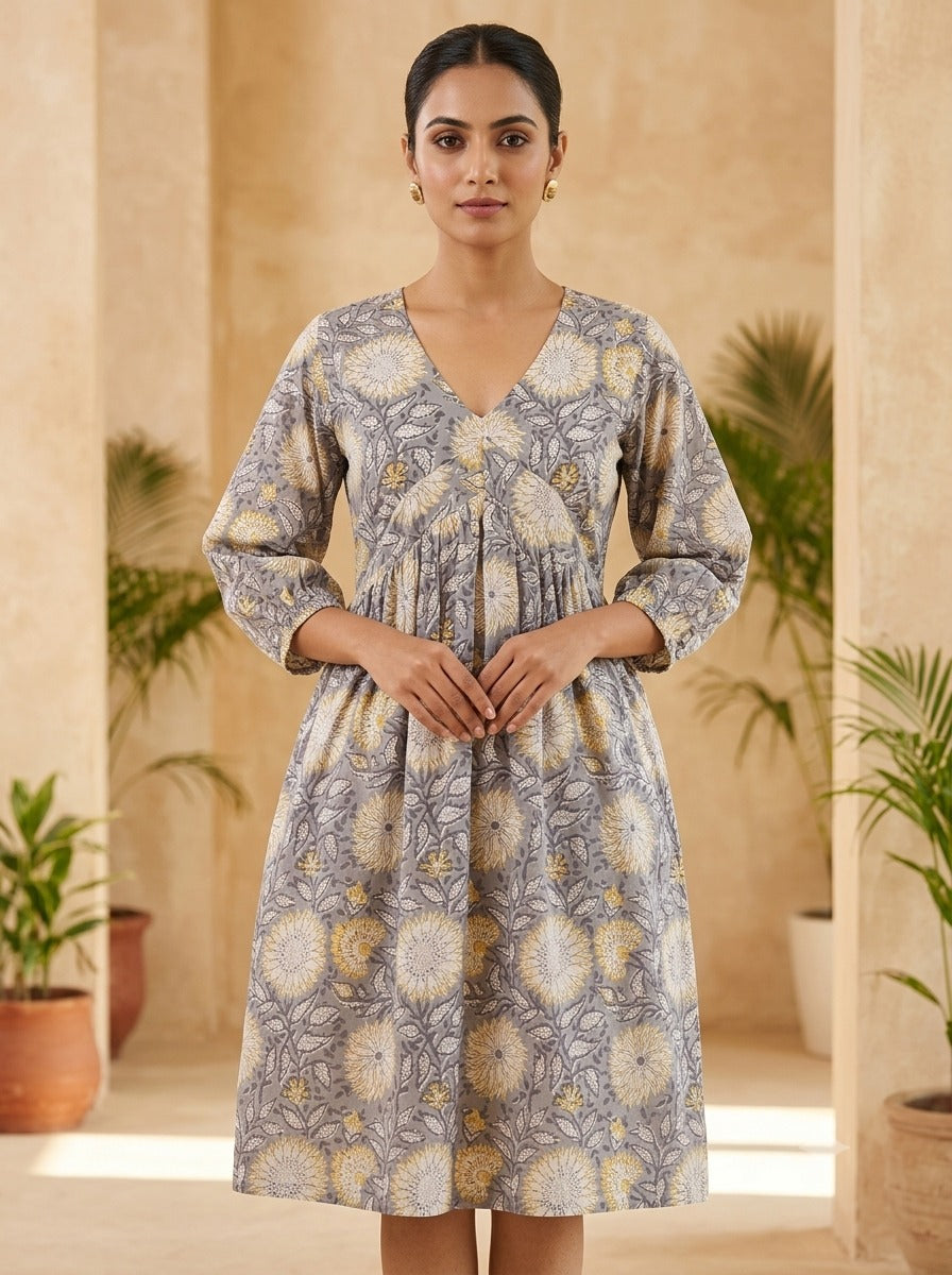 Sunflower Haze Knee Length Hand Block Printed Flared Dress