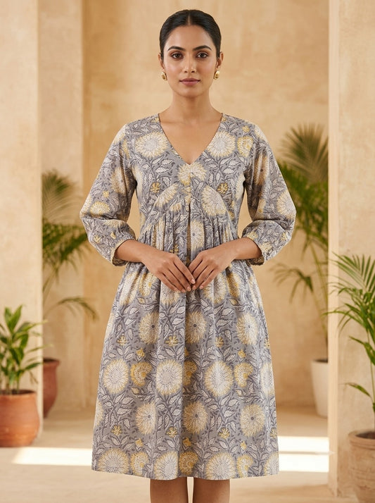 Sunflower Haze Knee Length Hand Block Printed Flared Dress
