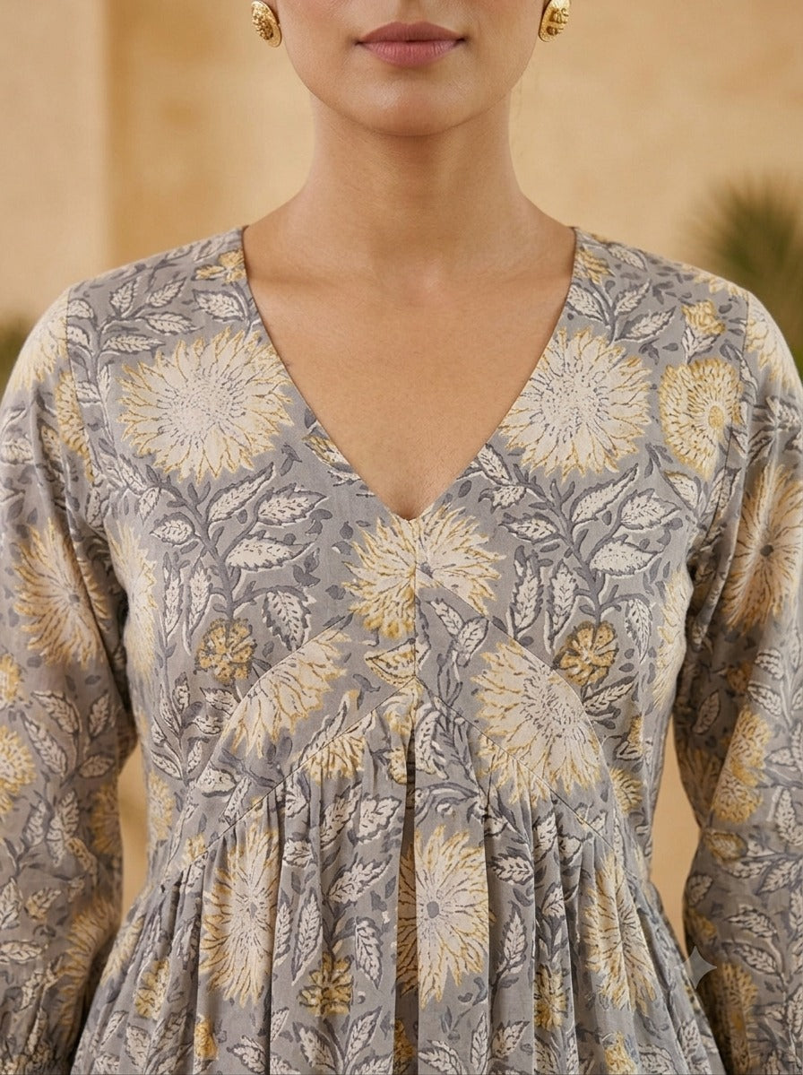 Sunflower Haze Knee Length Hand Block Printed Flared Dress