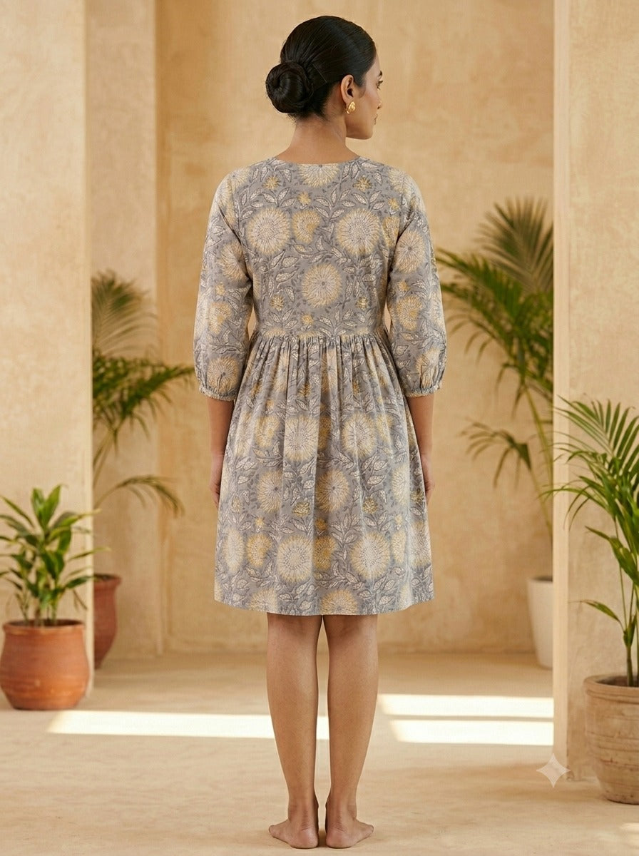 Sunflower Haze Knee Length Hand Block Printed Flared Dress