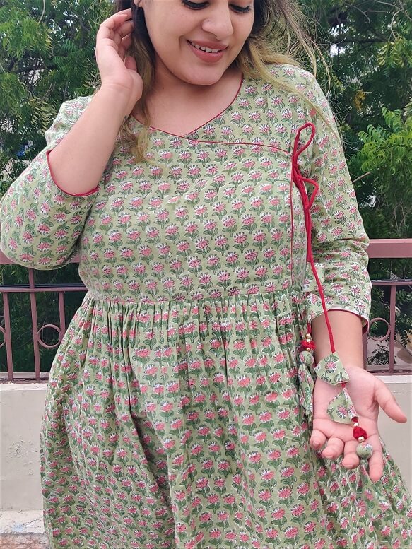 Lotus Hand Block Printed Angrakha Flared Dress