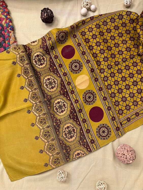 Yellow Red Ajrakh Hand Block Printed Mashru Silk Stole