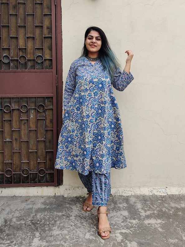 Aahna Hand Block Printed Cotton Kurta Set with Afghani Pants