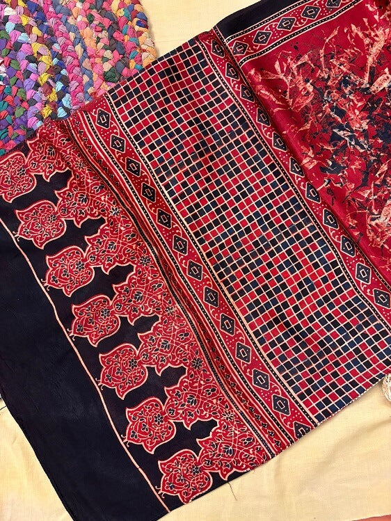 Red Abstract Ajrakh Hand Block Printed Mashru Silk Stole