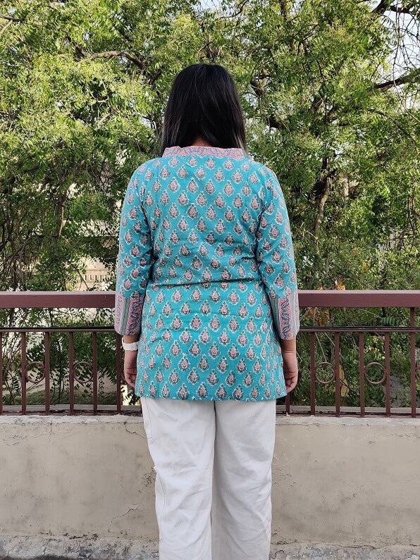 Green Pink Floral Hand Block Printed Short Kurti