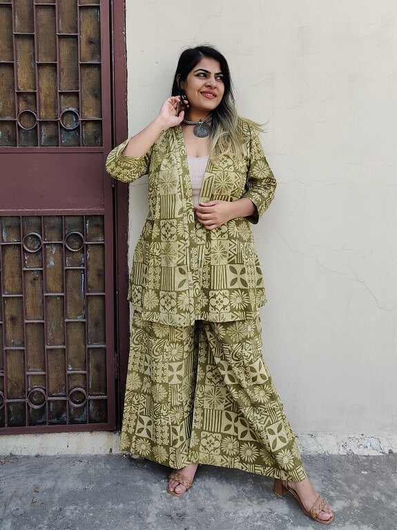 Olive Hand Block Printed Culottes and Shrug Coordinated Set