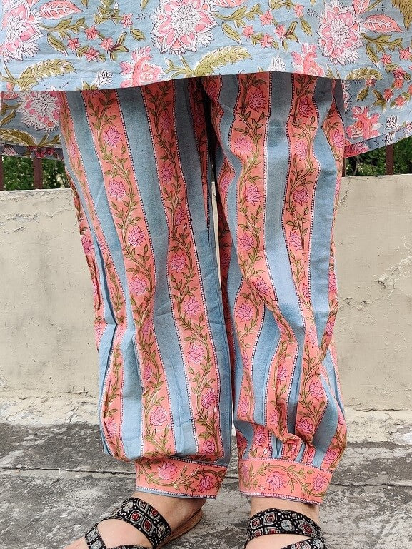 Meadowsweet Hand Block Printed Cotton Kurta Set with Afghani Pants