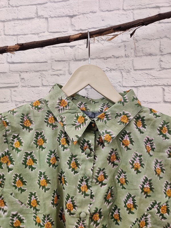 Green Yellow Floral Hand Block Printed Crop Top Shirt Blouse