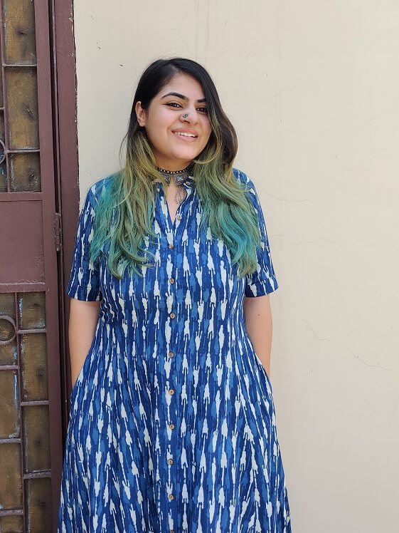 Azure Handblock Printed A Line Maxi Shirt Dress