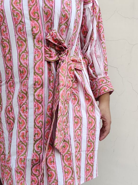 Cherry Hand Block Printed Comfort Fit Knee Length Shirt Dress with Side Belt