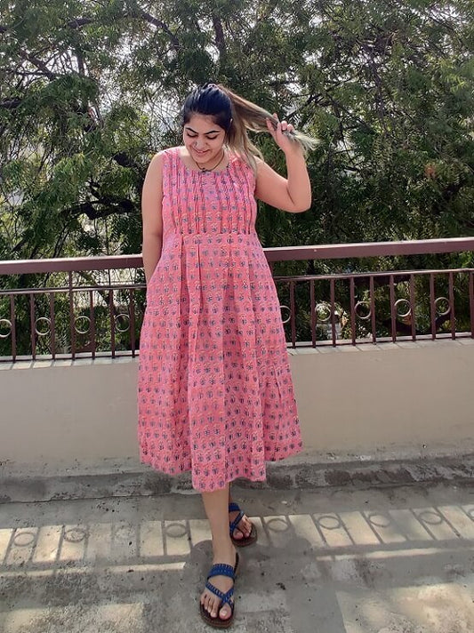 Bubblegum Hand Block Printed Sleeveless Dress