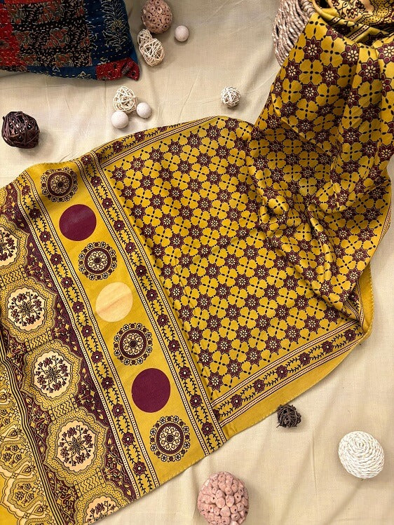 Yellow Red Ajrakh Hand Block Printed Mashru Silk Stole