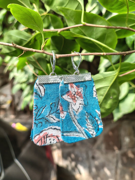 Blue Floral Hand Block Printed Fabric Earrings