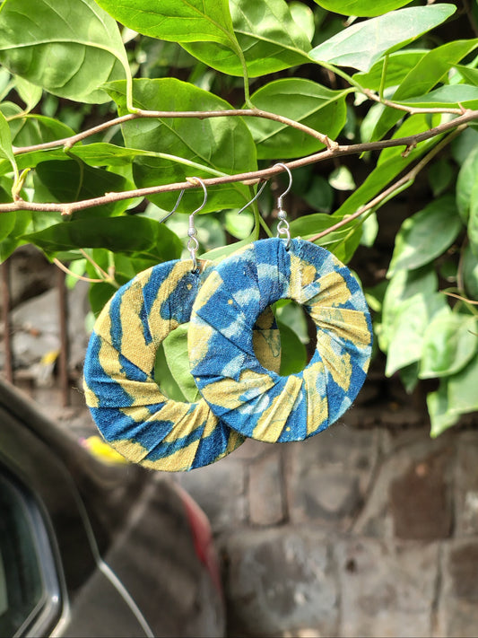 Indigo Green Hand Block Printed Fabric Loop Earrings
