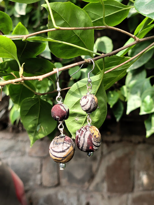 Coffee Orb Hand Block Printed Fabric Earrings