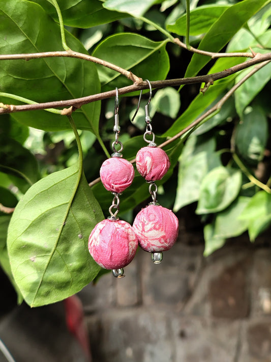 Pink Orb Hand Block Printed Fabric Earrings