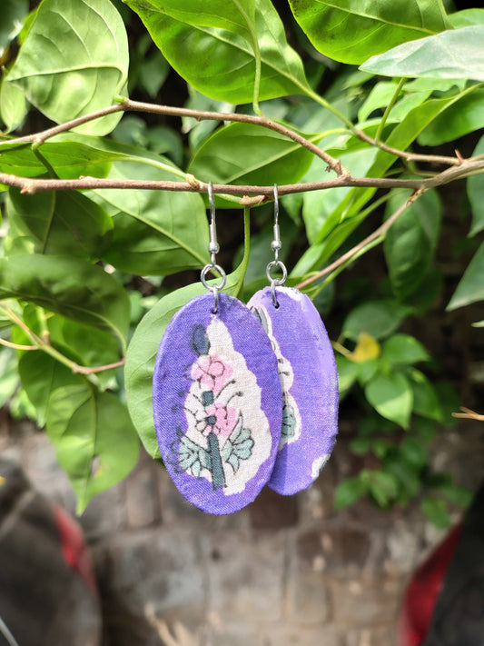 Lavender Floral Hand Block Printed Fabric Oval Earrings