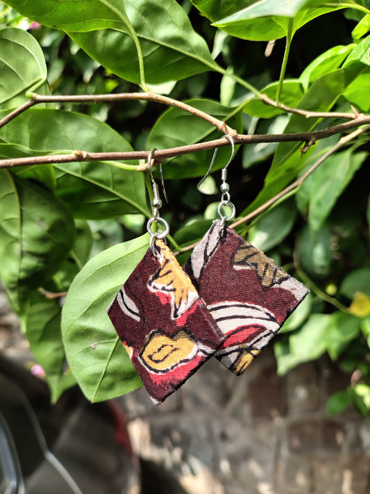 Brown Grey Diamond Hand Block Printed Fabric Earrings