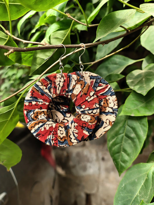 Red Kalamkari Hand Block Printed Fabric Loop Earrings