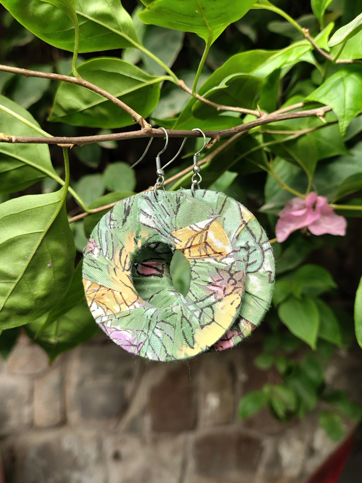 Green Floral Hand Block Printed Fabric Loop Earrings