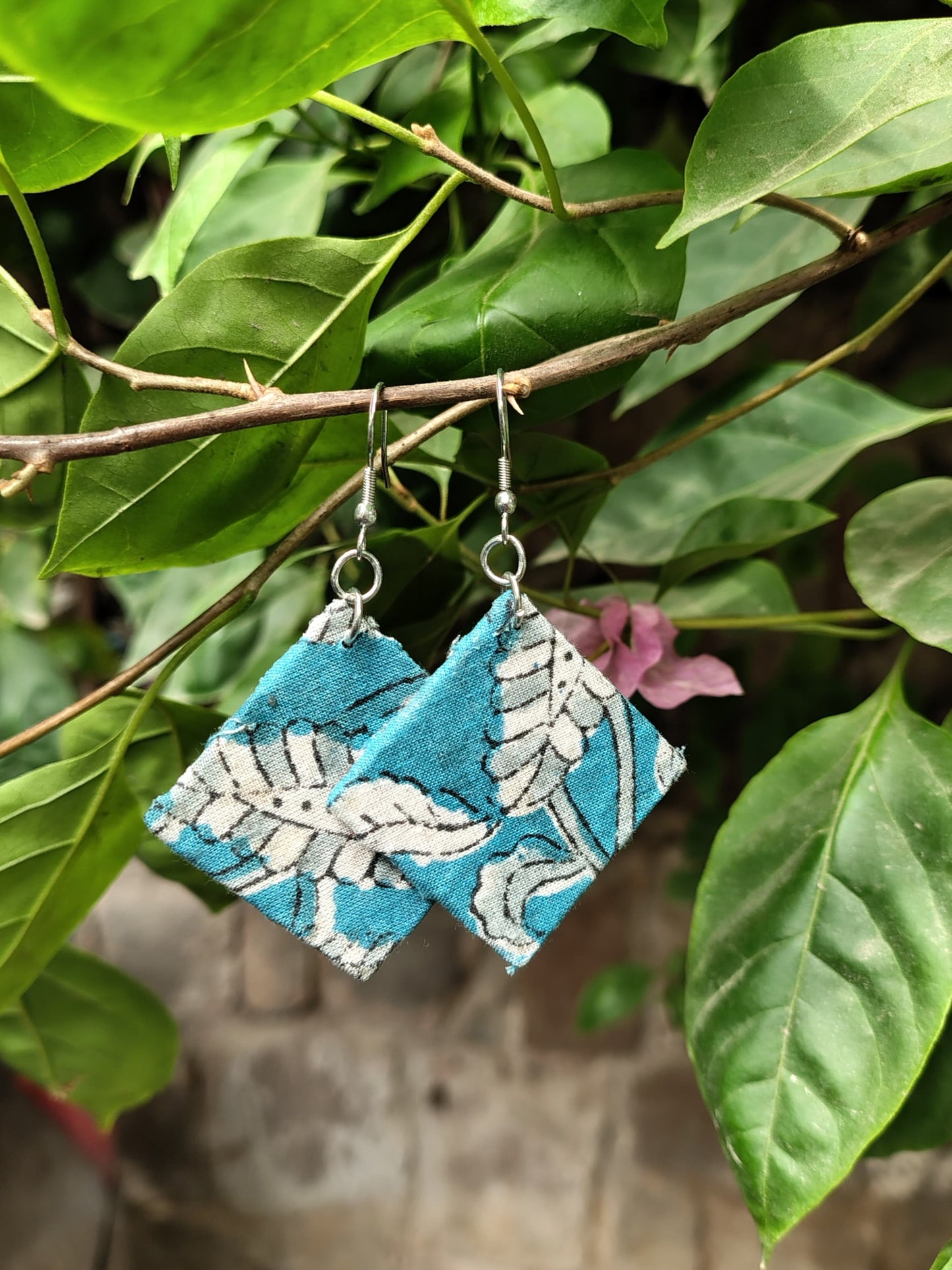Blue Floral Diamond Hand Block Printed Fabric Earrings