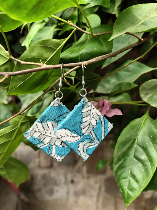 Blue Floral Diamond Hand Block Printed Fabric Earrings