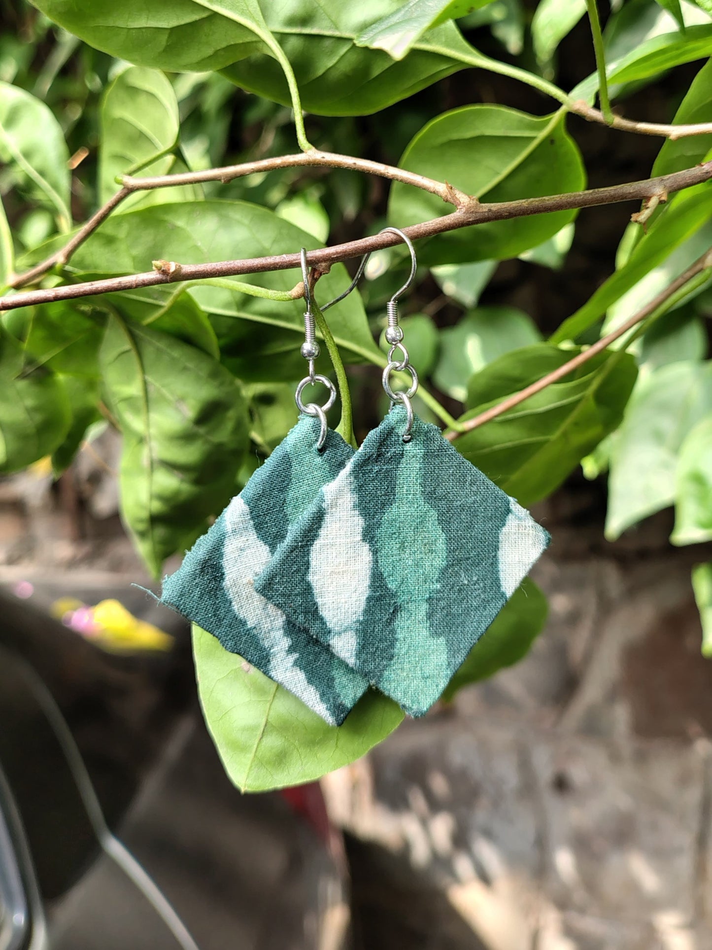 Teal Diamond Hand Block Printed Fabric Earrings