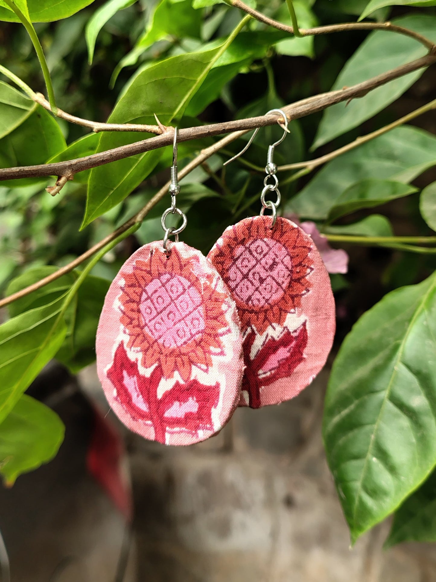 Pink Floral Hand Block Printed Fabric Oval Earrings