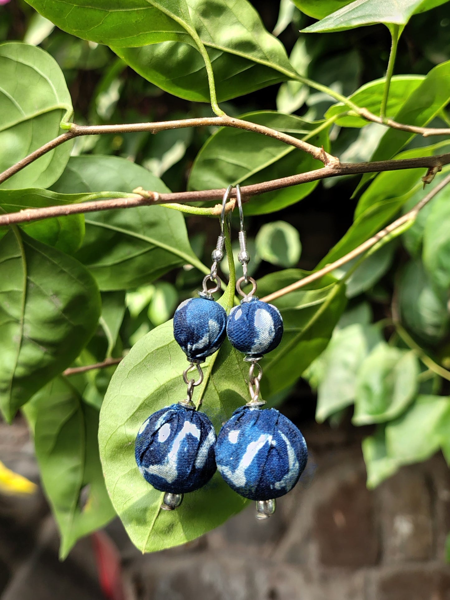 Indigo Orb Hand Block Printed Fabric Earrings