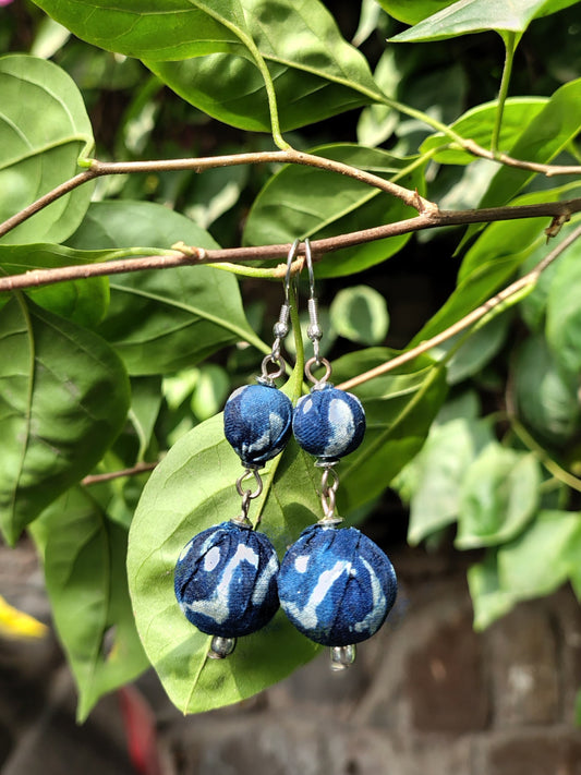 Indigo Orb Hand Block Printed Fabric Earrings