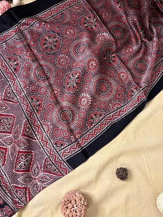 Kashish Red Hand Block Printed Ajrakh Mashru Silk Stole