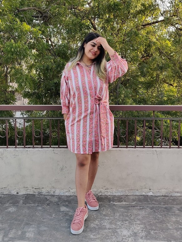 Cherry Hand Block Printed Comfort Fit Knee Length Shirt Dress with Side Belt