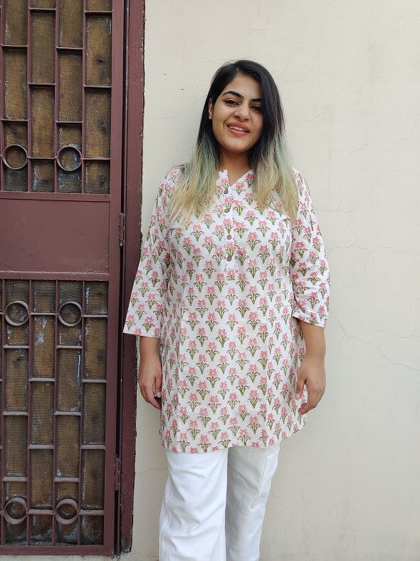 White Pink Hand Block Printed Short Kurti